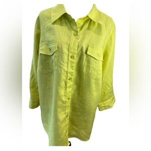Kim Rogers woman size 1X 100% linen lime green roll tab sleeve tunic button up